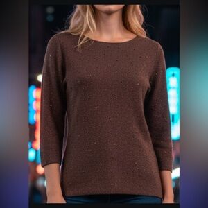 Eileen Fisher brown beaded merino wool scoop neck Knit Top  Sparkle 3/4 sleeve M
